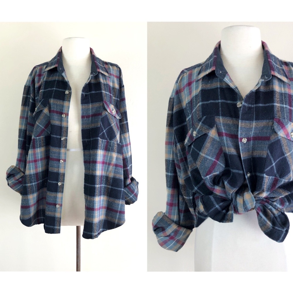 vtg 90s Black FLANNEL SHIRT Plaid Lumberjack Grunge Goth Boho Distressed 1990s